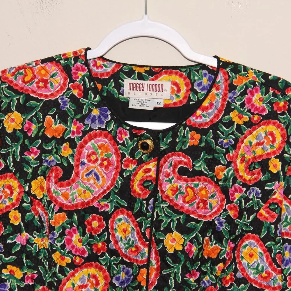 Vintage Maggy London Silk Quilted Floral Paisley Blazer Jacket Size 12